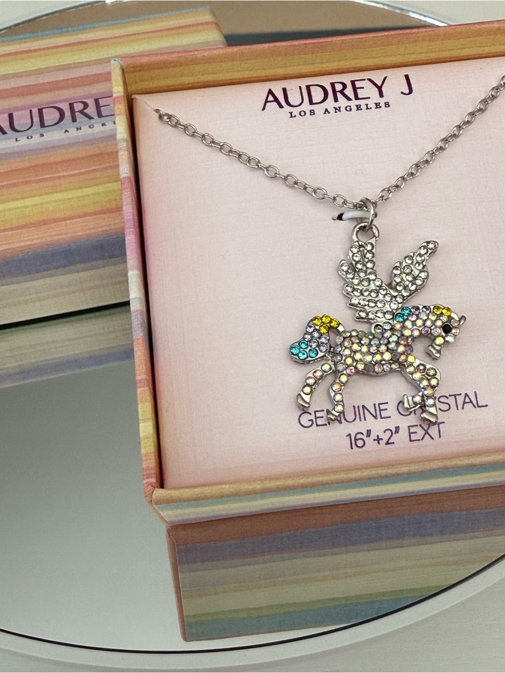 Audrey J Silver-Tone Multicolor Crystal Pegasus Necklace Genuine Crystal.